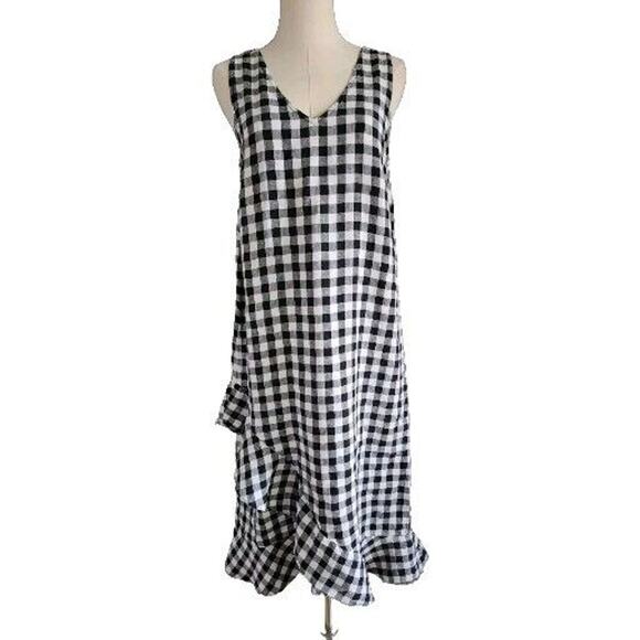 Lord And Taylor LAGENLOOK Linen Ruffle Hem Shift Dress Black White Gingham Small - Picture 1 of 4